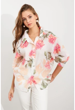 Kadın Pembe Çiçek Desenli İnce Keten Gömlek MCAR1068