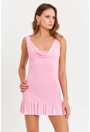 Kadın Pembe Degaje Yaka Mini Elbise HOR0078