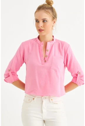 Kadın Pembe Düğmeli Keten Gömlek Bluz BTH17