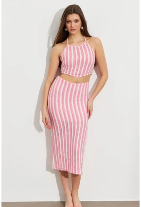 Kadın Pembe Etekli Triko Takım ROP108