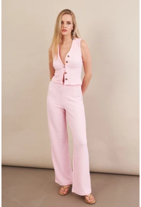 Kadın Pembe Gofre Yelek Pantalon Takım FLU330