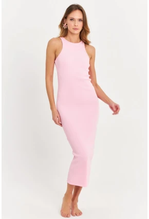 Kadın Pembe Kolsuz Kaşkorse Midi Elbise EY3049
