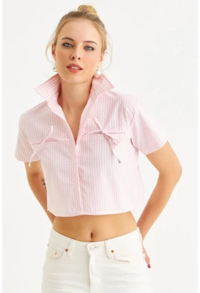 Kadın Pembe Kurdele Detaylı Crop Gömlek MPC302