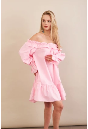 Kadın Pembe Madonna Yaka Midi Elbise PSG1012