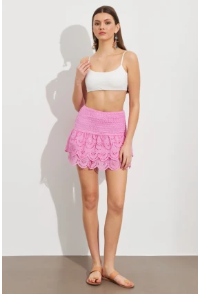 Kadın Pembe Nakışlı Mini Etek ZH111