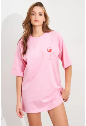 Kadın Pembe Oversize Pijama T-Shirt TPG14