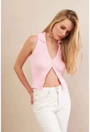 Kadın Pembe Polo Yaka Yumoş Yelek ZH050