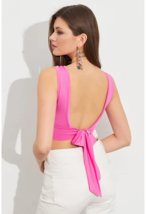 Kadın Pembe Sırt Bağlamalı Crop Bluz EY2733