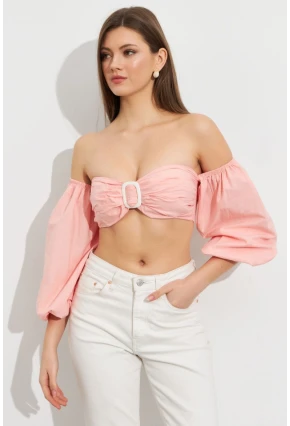 Kadın Pudra Balon Kol Crop Bluz ROP111