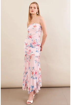 Kadın Pudra Drapeli Straplez Midi Tül Elbise ERL101