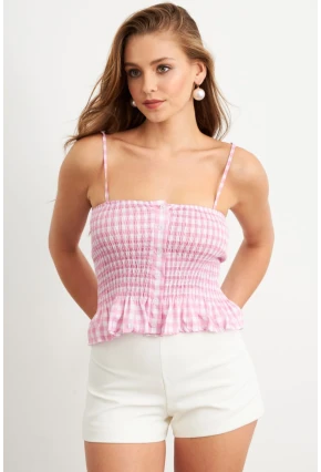 Kadın Pudra Ekose Lastikli Crop Bluz MTK13397