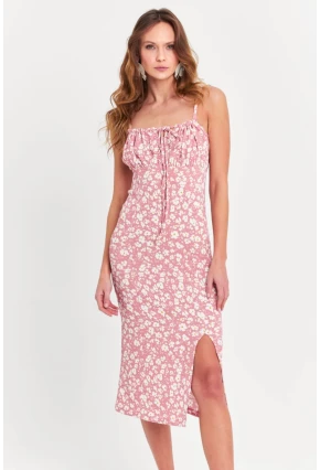 Kadın Pudra-Ekru Askılı Bürümcük Midi Elbise KAB302