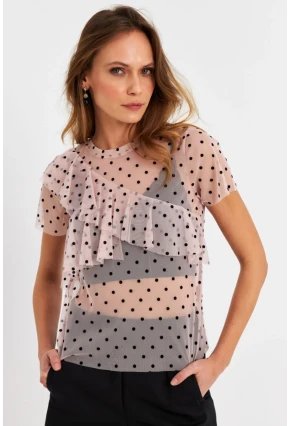 Kadın Pudra-Siyah Puantiyeli Tül Bluz ZH029