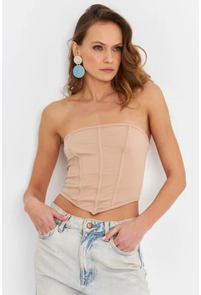Kadın Pudra Straplez Crop Bluz B6081