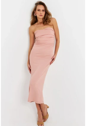 Kadın Pudra Straplez Midi Elbise EY3080