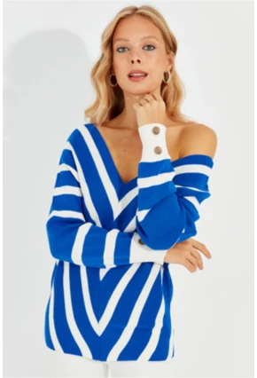 Kadın Saks Yarasa Kol Triko Kazak Q955