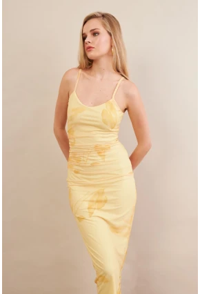 Kadın Sarı Astarlı Midi Tül Elbise MRS130