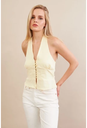 Kadın Sarı Boyun Bağlamalı Keten Yelek FS129