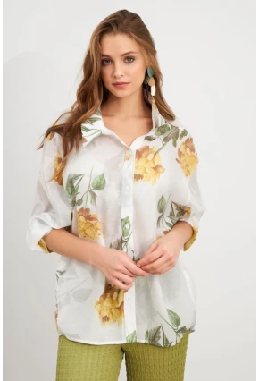 Kadın Sarı Çiçek Desenli İnce Keten Gömlek MCAR1068