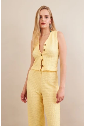 Kadın Sarı Gofre Yelek Pantalon Takım FLU330