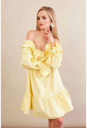 Kadın Sarı Madonna Yaka Midi Elbise PSG1012