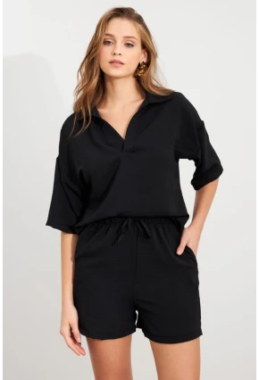 Kadın Siyah Aerobin Şort Takım Q1005