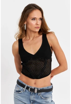 Kadın Siyah Ajurlu Crop Bluz SB030