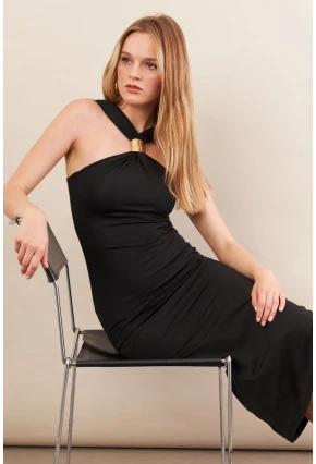 Kadın Siyah Aksesuarlı Midi Elbise İRE101