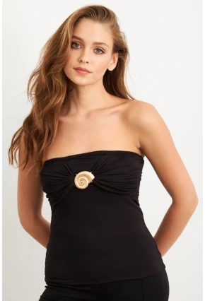 Kadın Siyah Aksesuarlı Straplez Bluz EY3086