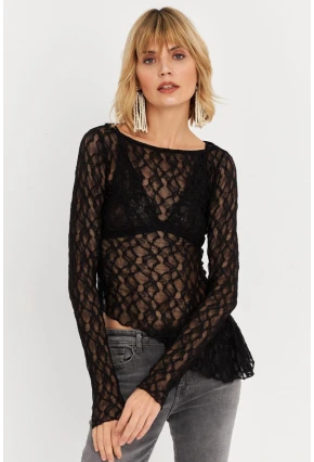 Kadın Siyah Asimetrik Dantel Bluz FS9830