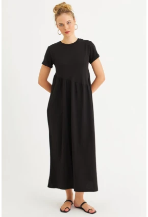 Kadın Siyah Asimetrik Dikişli Maxi Elbise MDMR440