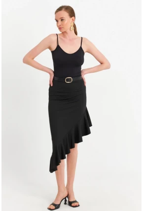 Kadın Siyah Asimetrik Pileli Etek EV741