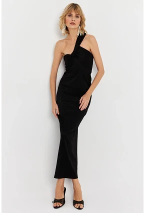Kadın Siyah Asimetrik Yaka Maxi Elbise NH25455