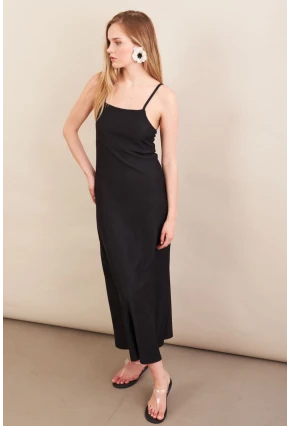 Kadın Siyah Askılı Midi Elbise FLU7314
