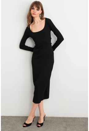Kadın Siyah Bağlamalı Kaşkorse Midi Elbise EY3035