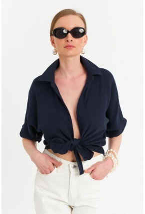 Kadın Siyah Bağlamalı Keten Bluz BTH16