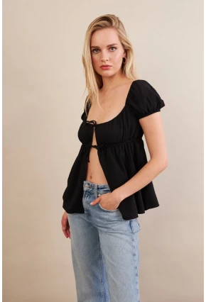Kadın Siyah Bağlamalı Rustik Bluz ZH128