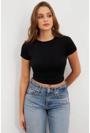 Kadın Siyah Basic Kısa Kollu Bluz UG2444