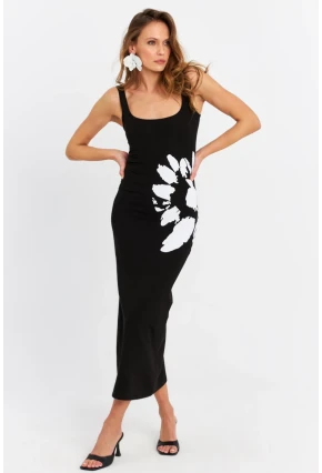Kadın Siyah Baskılı Midi Elbise B5005-5
