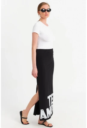 Kadın Siyah Baskılı Yırtmaçlı Midi Etek TPG09