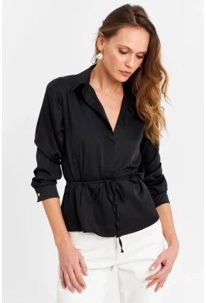 Kadın Siyah Beli Bağlamalı Saten Gömlek MMRS4212