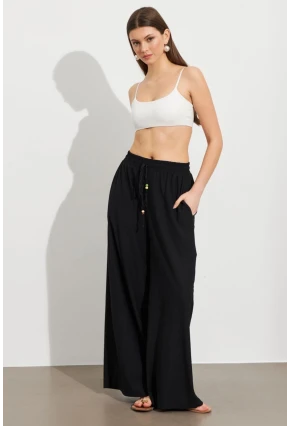 Kadın Siyah Beli Lastikli Bürümcük Pantolon ROP105