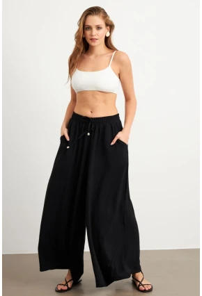 Kadın Siyah Beli Lastikli Cepli Palazzo Pantolon Sİ1155
