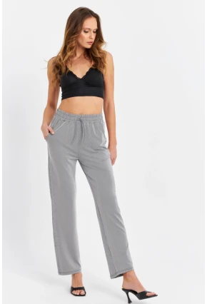 Kadın Siyah-Beyaz Beli Lastikli Çizgili Pantolon SE11