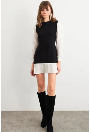 Kadın Siyah-Beyaz Renk Bloklu Mini Elbise HOR0052