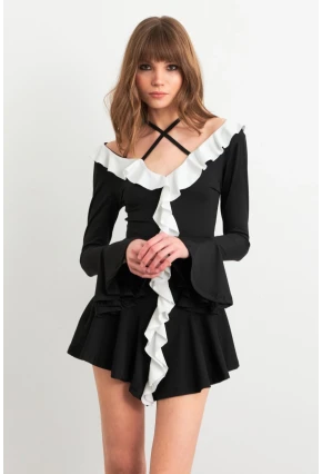 Kadın Siyah-Beyaz Volanlı İspanyol Kol Mini Elbise DCF108