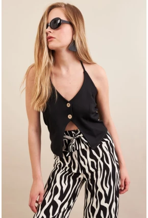 Kadın Siyah Boyun Bağlamalı Düğmeli Yelek FLU7304