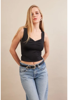 Kadın Siyah Büzgülü Bluz FLU325