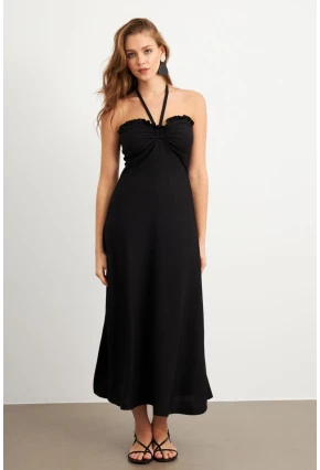 Kadın Siyah Büzgülü Bürümcük Midi Elbise EY3096