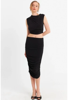 Kadın Siyah Büzgülü Crop Etek Takım ELT181